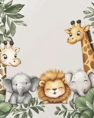 Obraz premium Smiling jungle animals including giraffe, lion, and elephants in leafy frame illustration.