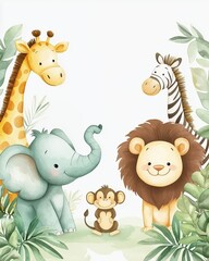 Cute jungle animals including giraffe, elephant, monkey, lion, and zebra in green leaves illustration.