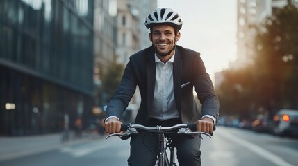 Businessman dressed in suit and helmet riding bicycle through city streets to commute to work