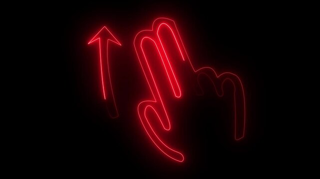 red color glowing neon line hand animation with arrow icon on dank background.