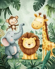Fototapete Rund Cute jungle animals including monkey, elephant, lion, and giraffe in a tropical leafy scene. © Sweet.Duck