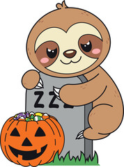 Cartoon sloth on graveyard tombstone vector illustration