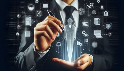 Man pen touch document management system and files hologram