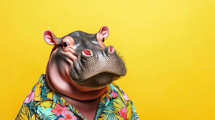 Naklejka premium A close-up portrait of a hippopotamus wearing a tropical shirt, looking to the side, set against a bright yellow background.