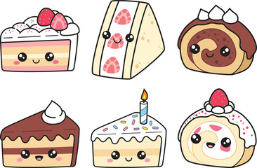 Cartoon set of sweet cake pieces with simple lines and no gradients in kawaii style. each image on separate layer