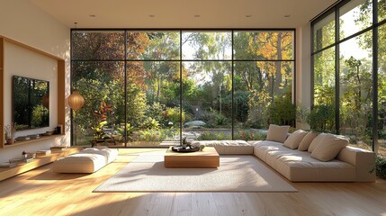 Modern living room with large windows showcasing a serene garden view during daytime
