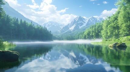 Naklejka premium A serene lake surrounded by dense forests and towering mountains, reflecting the clear blue sky with soft mist rising from its surface