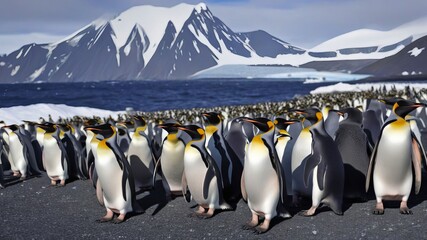 Obraz premium A colony of emperor penguins huddled together on a snowy Antarctic beach, their white feathers contrasting against the icy landscape