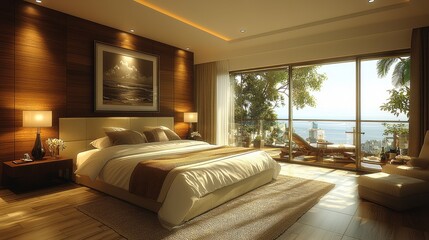 Luxurious bedroom with ocean view and elegant decor in a coastal retreat during sunset