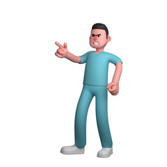 Male Nurse Cartoon in 3D. A male nurse is standing showing an angry expression, with his right hand pointing forward while his left hand is on his waist. Medical Scene Illustration