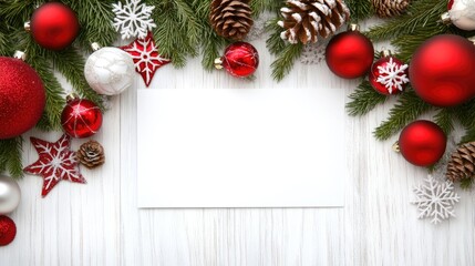 A blank card surrounded by festive Christmas decorations and pine branches for creative mockup design inspiration