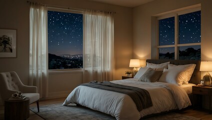 Fototapeta premium Bedroom with soft lighting and a starry window view.