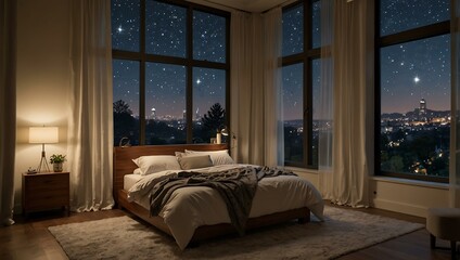 Bedroom with soft lighting and a starry window view.