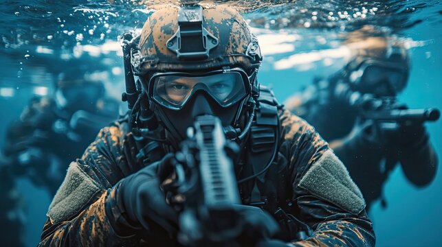 Underwater Military Diver with Weapon and Gear