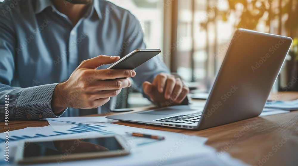 Poster a professional working from home engages with a smartphone while reviewing documents and data in a m