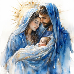 Watercolour painted nativity scene. A birth of Jesus Christ. Mary and Joseph with Jesus. 