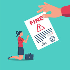 Fine concept. Sad businesswoman receives a letter with a fine. Landing page business metaphor. Vector illustration flat design. Isolated on white background.