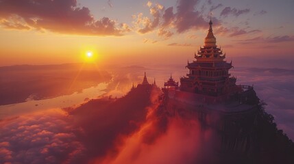 A majestic temple sits atop a mountain, bathed in the golden light of a breathtaking sunset. Clouds swirl around the base, creating a mystical and ethereal scene.