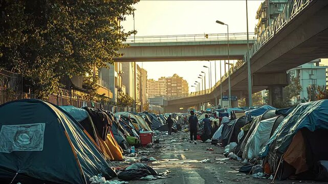 A city with tents and garbage. There are poor homeless people