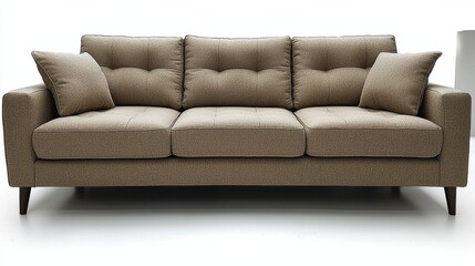 Fototapeta premium Stylish beige couch with plush cushions on a simple background, perfect for modern living spaces or cozy interiors
