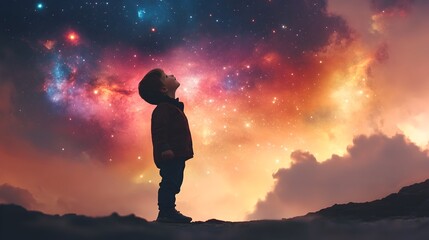 Fototapeta premium A Child s Silhouette Exploring the Boundless Cosmic Wonders