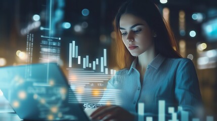 A woman analyzes data on a laptop surrounded by digital graphs in an urban setting at night