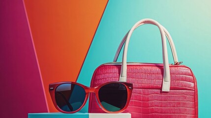 Vibrant Crocodile Embossed Leather Handbag and Oversized Sunglasses on Geometric Background