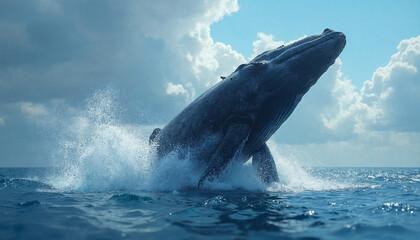 Fototapeta premium Whale looking up at the sky juming on the sea with alot of splash