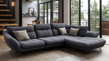 Modern gray sectional sofa in a bright living room with large windows overlooking a scenic view