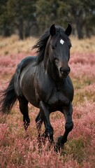 Black horse running through pink grass, with ample copy space.