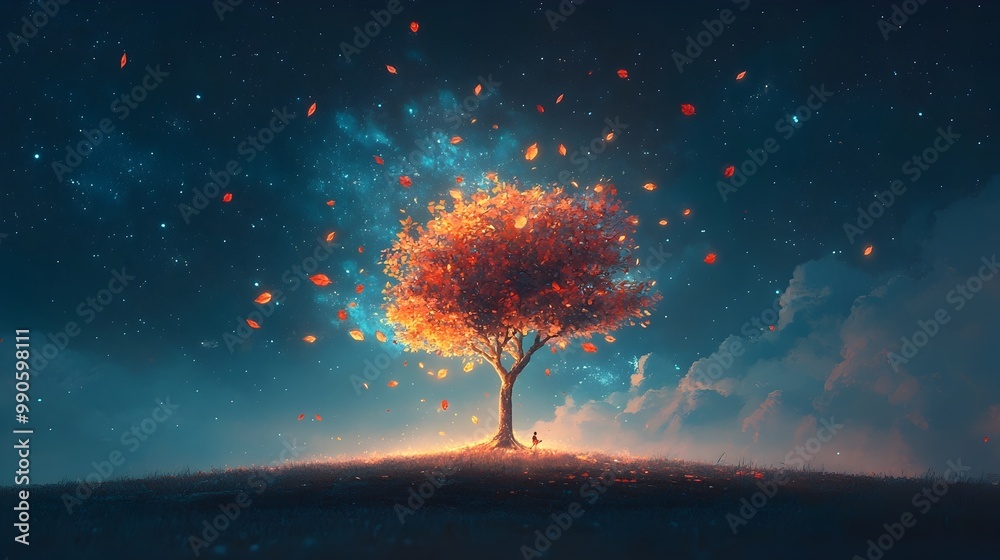 Poster Enchanting Glowing Tree with Floating Multicolored Leaves in Starry Sky
