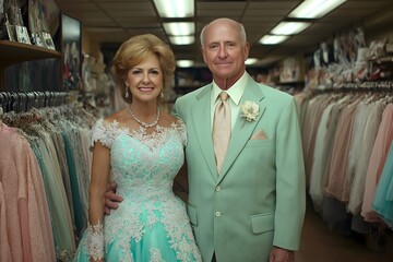 Naklejka premium Couple in shop retro vintage clothing shopping spree, mature 60's, mid century retail therapy.