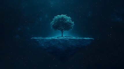 Fantastical Tree Growing in Vibrant Glowing Sea Representing Nature and Creativity Fusion