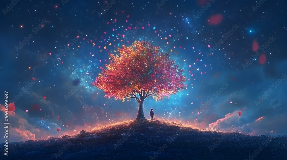 Poster glowing ethereal tree in starry night sky symbolizing limitless imagination
