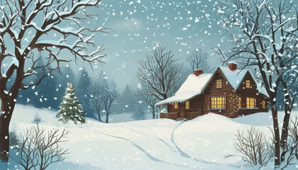 Naklejka premium Winter Wonderland with Snowy Trees and House. Snowy Cottage in the Middle of a Winter Forest. Wooden House in Quiet Snowy Forest.