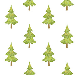 forest of fir trees. Cute watercolor seamless pattern on white background for textile and wrapping paper