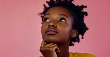 A young Black woman, deep in thought with her hand on her chin, gazes upward against a pink backdrop.