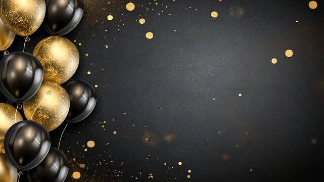 Black and gold balloons float on a festive border with confetti, providing space for text or design