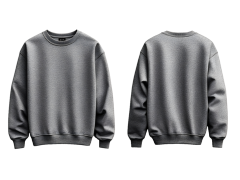 set of gray color long sleeve sweatshirt front and back view on transparent background cutout