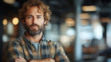 Fototapeta premium A man with curly hair and beard stands confidently in a modern workspace, showcasing a thoughtful expression and casual style