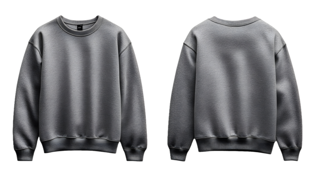 set of gray color long sleeve sweatshirt front and back view on transparent background cutout