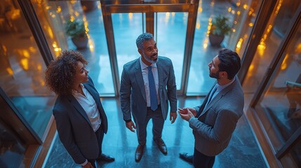 Three professionals engaged in conversation inside a modern elevator with ambient lighting during the evening hours