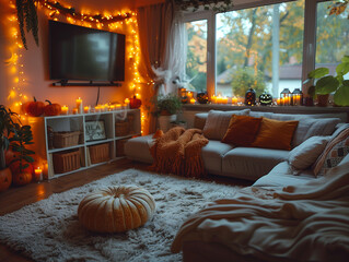 A cozy living room decorated for Halloween, with spooky ornaments, pumpkins, cobwebs, and candles. The room has a warm, inviting feel with soft lighting, a comfortable sofa, and a festive yet eerie at
