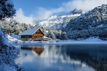 Fototapeta premium Cozy Cabin by a Snow-Covered Lake Surrounded by a Winter Forest in Serene Mountain Landscape