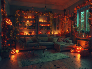 A cozy living room decorated for Halloween, with spooky ornaments, pumpkins, cobwebs, and candles. The room has a warm, inviting feel with soft lighting, a comfortable sofa, and a festive yet eerie at