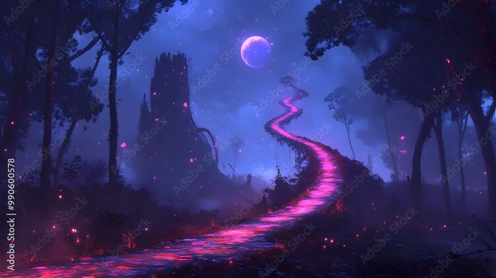 Poster glowing pathway through enchanted surreal forest symbolizing dreamlike journey