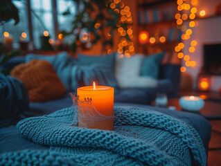 A cozy living room decorated for Halloween, with spooky ornaments, pumpkins, cobwebs, and candles. The room has a warm, inviting feel with soft lighting, a comfortable sofa, and a festive yet eerie at