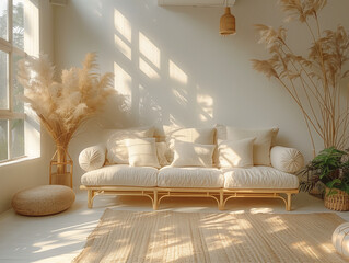 A bright and spacious living room with a minimalist design, featuring a soft pastel-colored sofa, a sleek coffee table, and subtle decor. The room is filled with natural light, creating a calm and coz