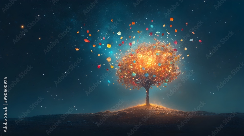 Poster glowing tree with ethereal multicolored leaves floating in starry cosmic landscape