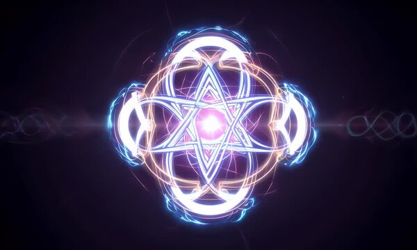 Magic spell burst with glowing runes and shimmering light trails, on a black background.